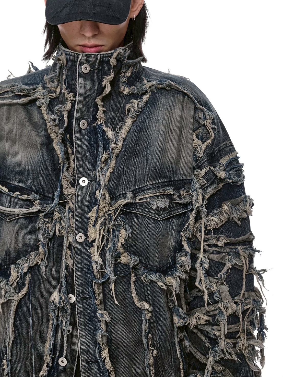 レフレムダメ―ジ加工デニムハイネックブルゾン アウター | アクロ