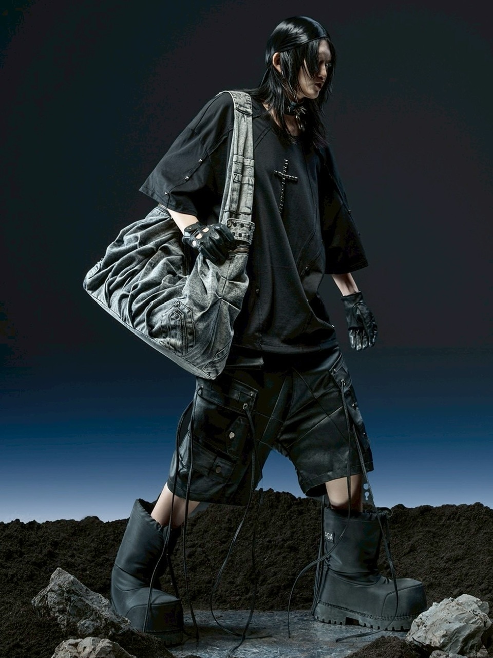 RICH】Crinkle Denim Stone Washed Bag / 【リッチ】ストーン