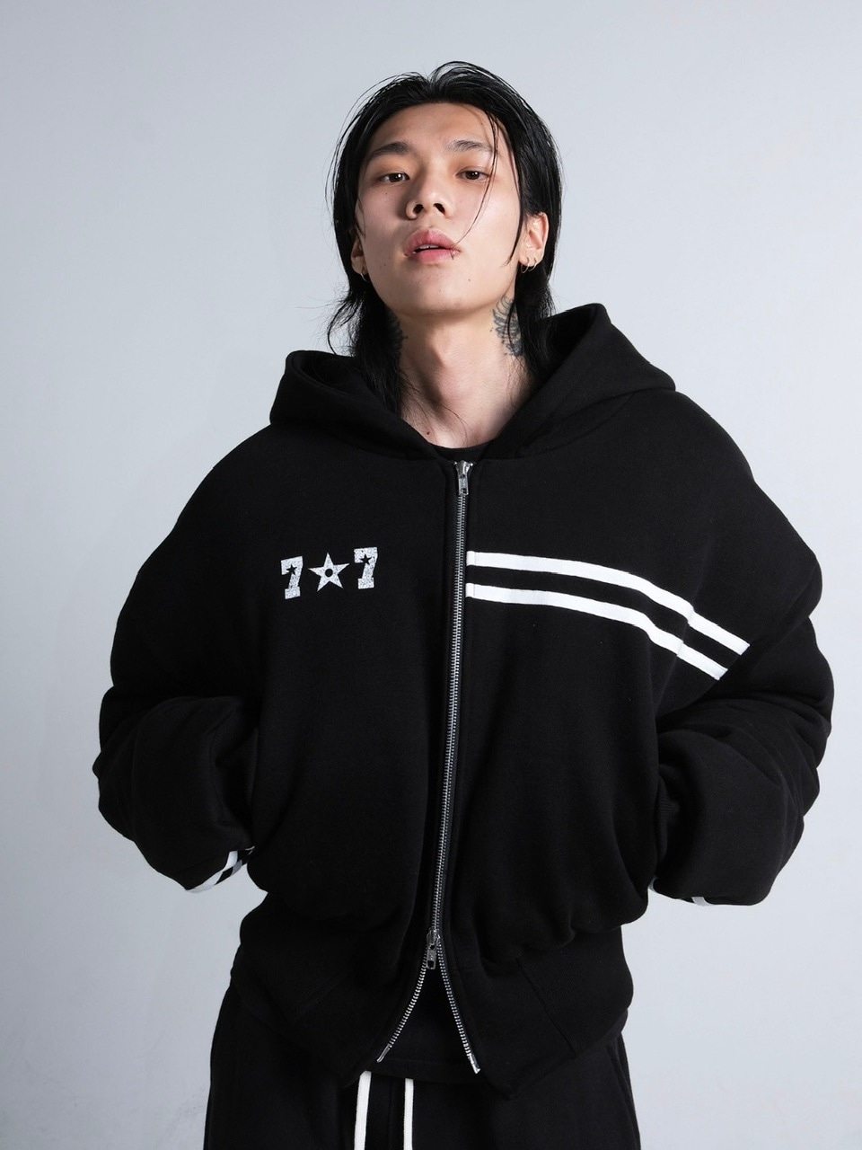 【I FEEL LUCKY】 PADDED TRACK HOOD ZIP UP IFEELLUCKY】paded track hood zip up | OUR BRAND,IFEELLUCKY