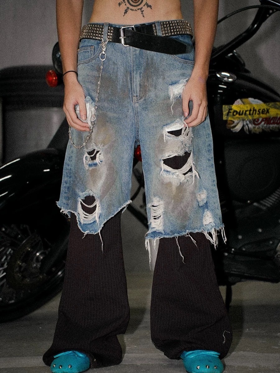 Fourth3ex】Mud-Dyed Patchwork Distressed Pants / 【フォース