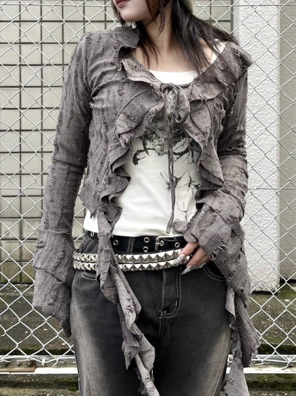 受注制【XU DOG】damage frill cardigan (2color)