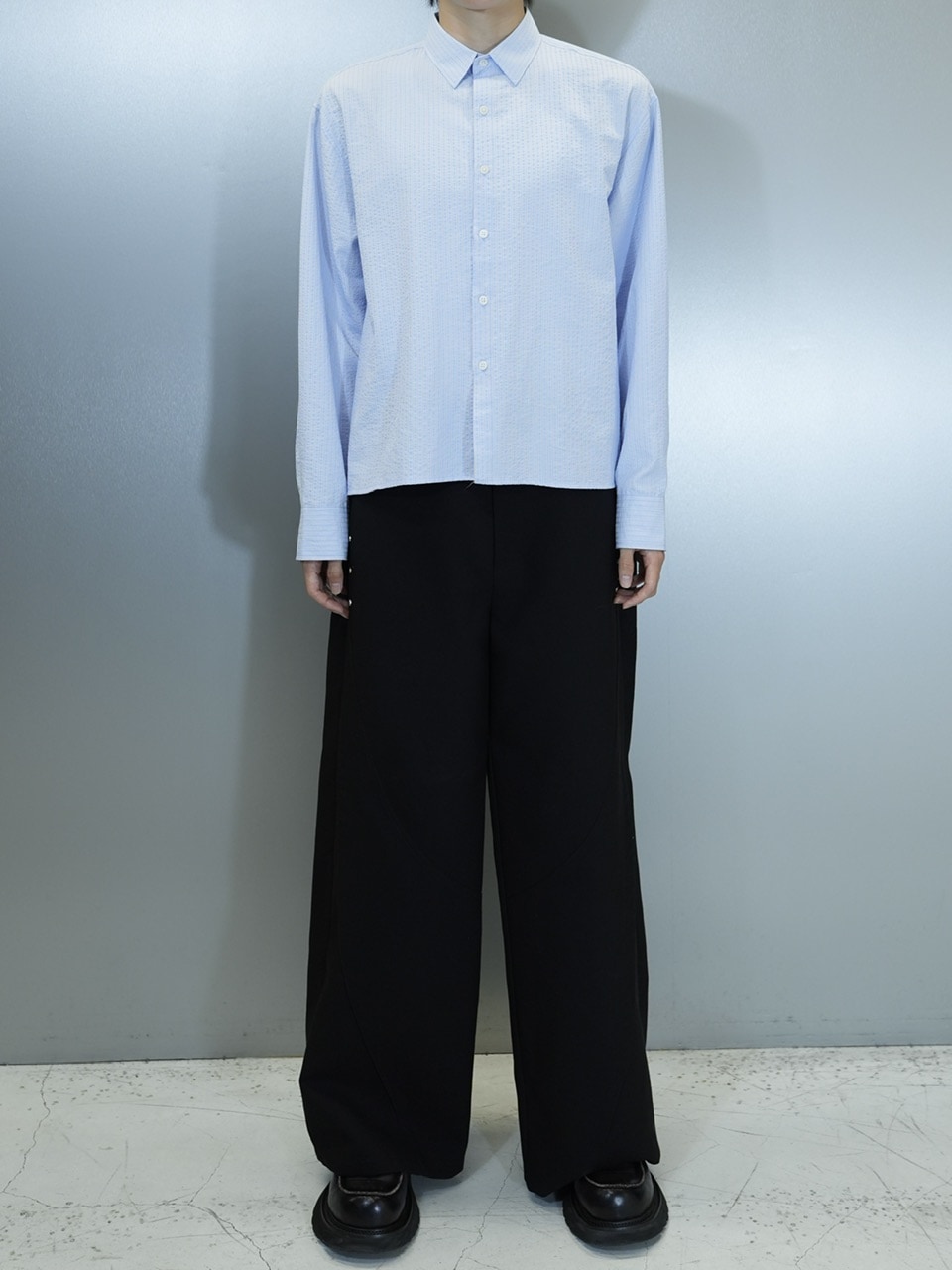 Chikashitsu + CS ストライプシャツ CS】CROPPED STRIPE BUTTON UP SHIRT (BLUE) | OUR BRAND,Chikashitsu