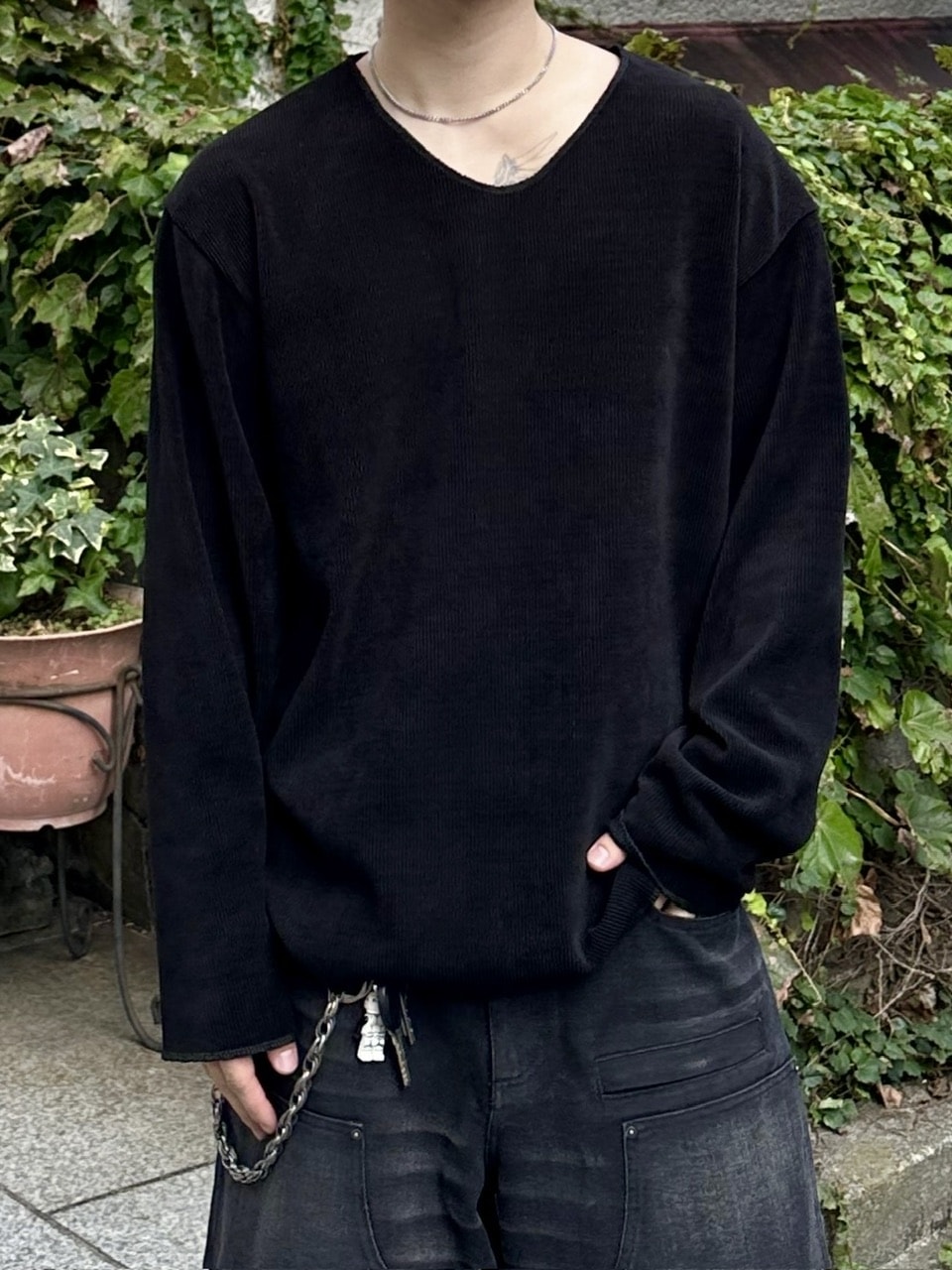 大阪店WEB限定受注制【Chikashitsu +】simple deck v neck knit