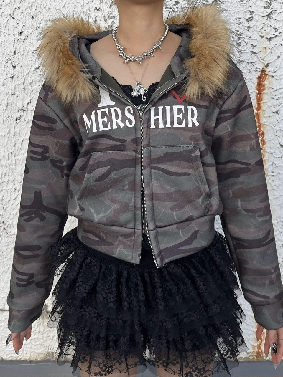 受注制【Never mind the XU】camouflage fur hood zipup /【ネバー