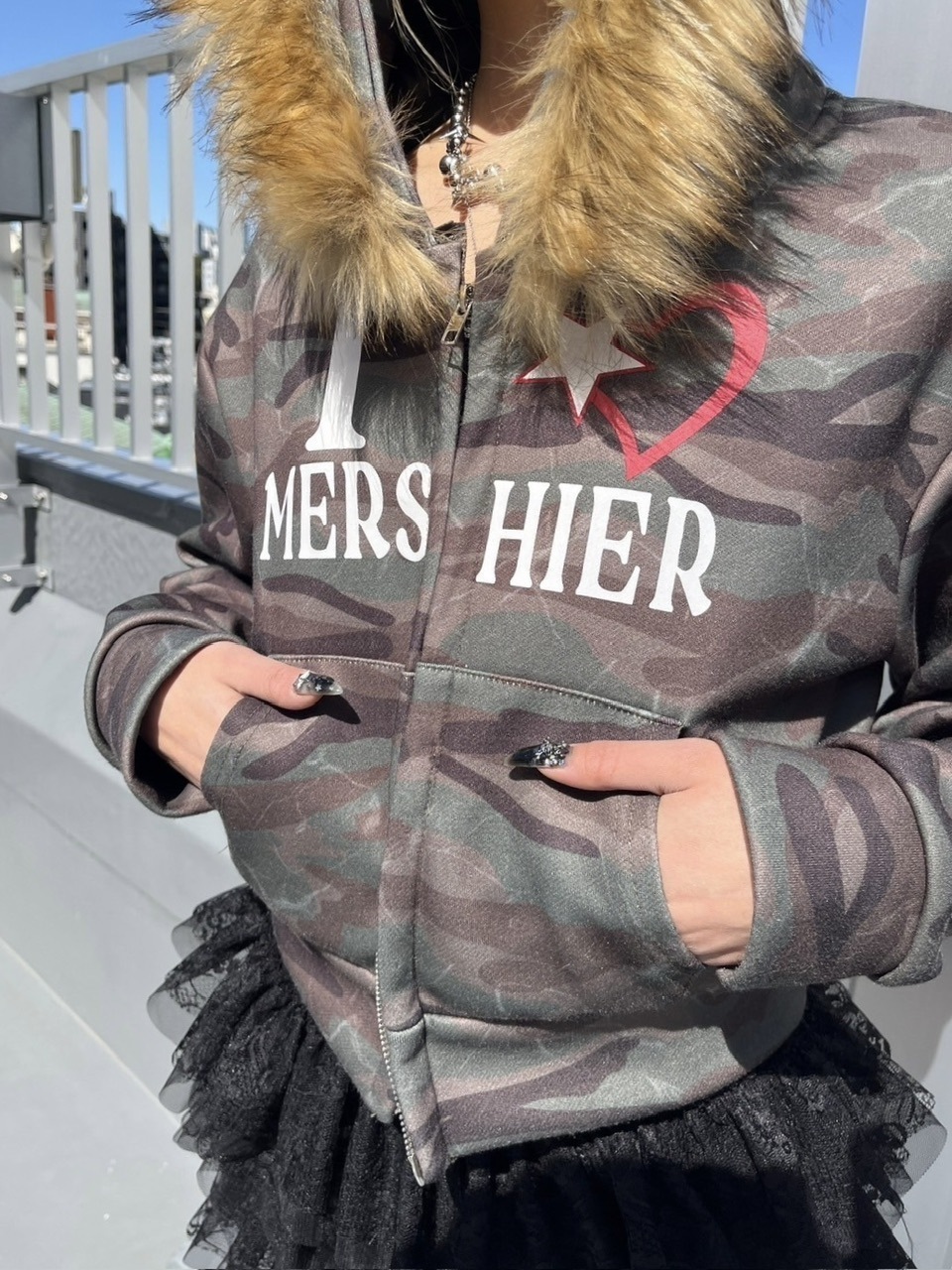 受注制【Never mind the XU】camouflage fur hood zipup /【ネバー