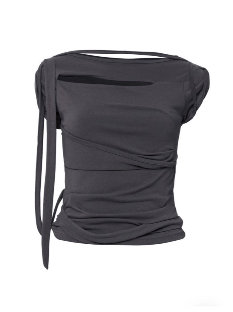 FLAREUP ■ Asymmetrical Draped Roll-Up T-Shirt FLAREUP】Asymmetrical Draped Strap Roll-Up T-Shirt | OUR