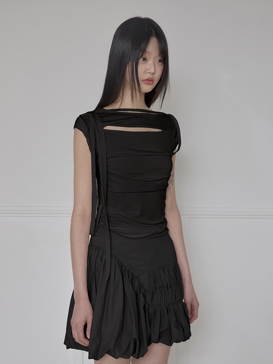 FLAREUP ■ Asymmetrical Draped Roll-Up T-Shirt FLAREUP】Asymmetrical Draped Strap Roll-Up T-Shirt | OUR