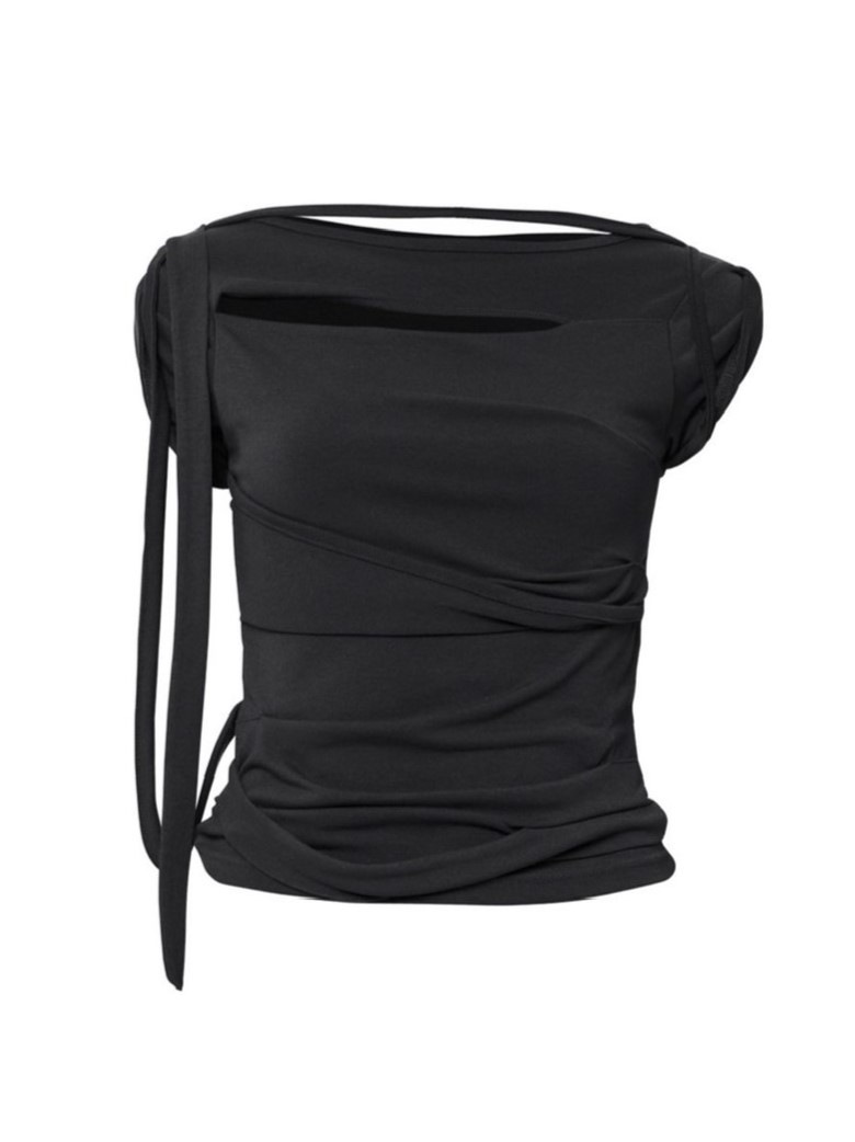 【FLARE UP】 Asymmetrical Draped Roll-Up T-Shirt /追跡付 FLAREUP】Asymmetrical Draped Strap Roll-Up T-Shirt | OUR