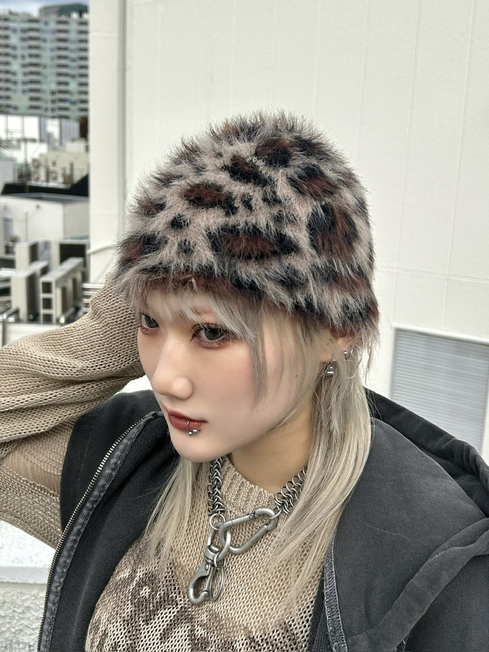受注制【Never mind the XU】mohair leopard beanie (2color 受注制【Never mind the XU】mohair leopard beanie (2color