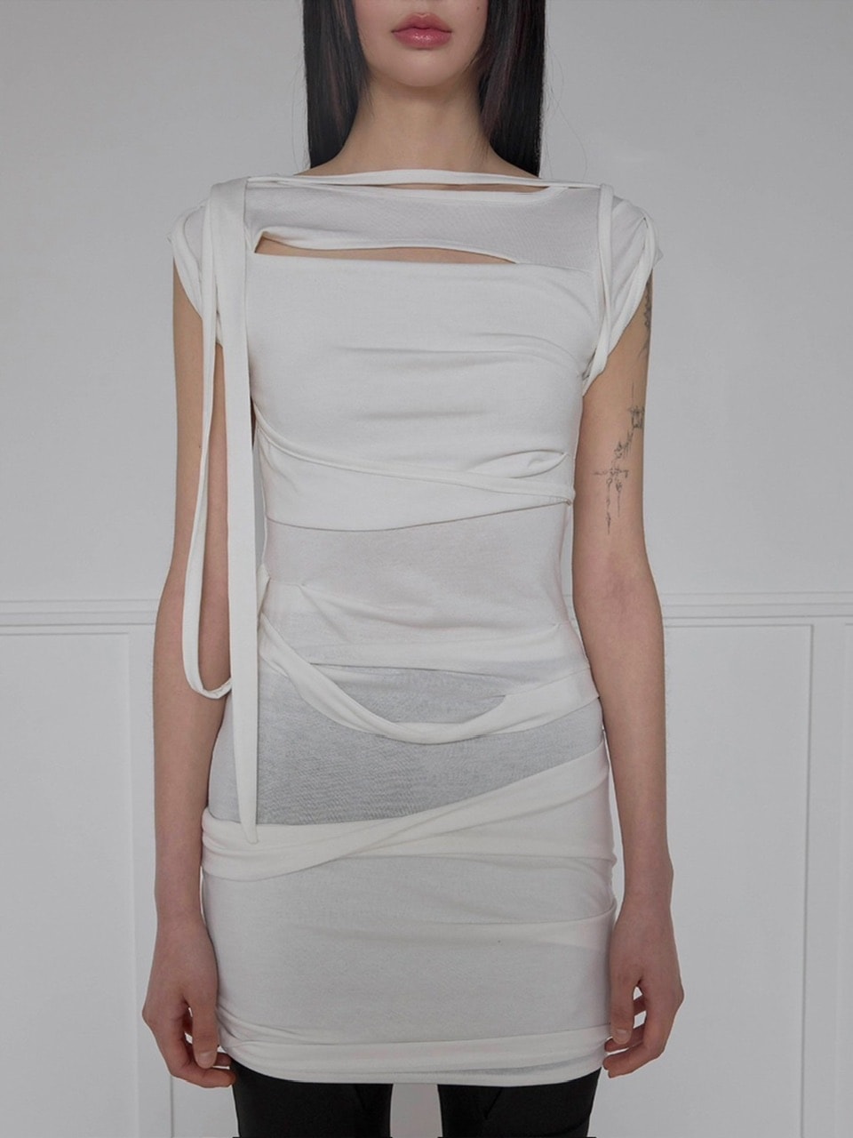 【FLAREUP】25SS★ Asymmetrical Draped Strap Roll-Up Dress FLAREUP】Asymmetrical Draped Strap Roll-Up Dress | OUR BRAND