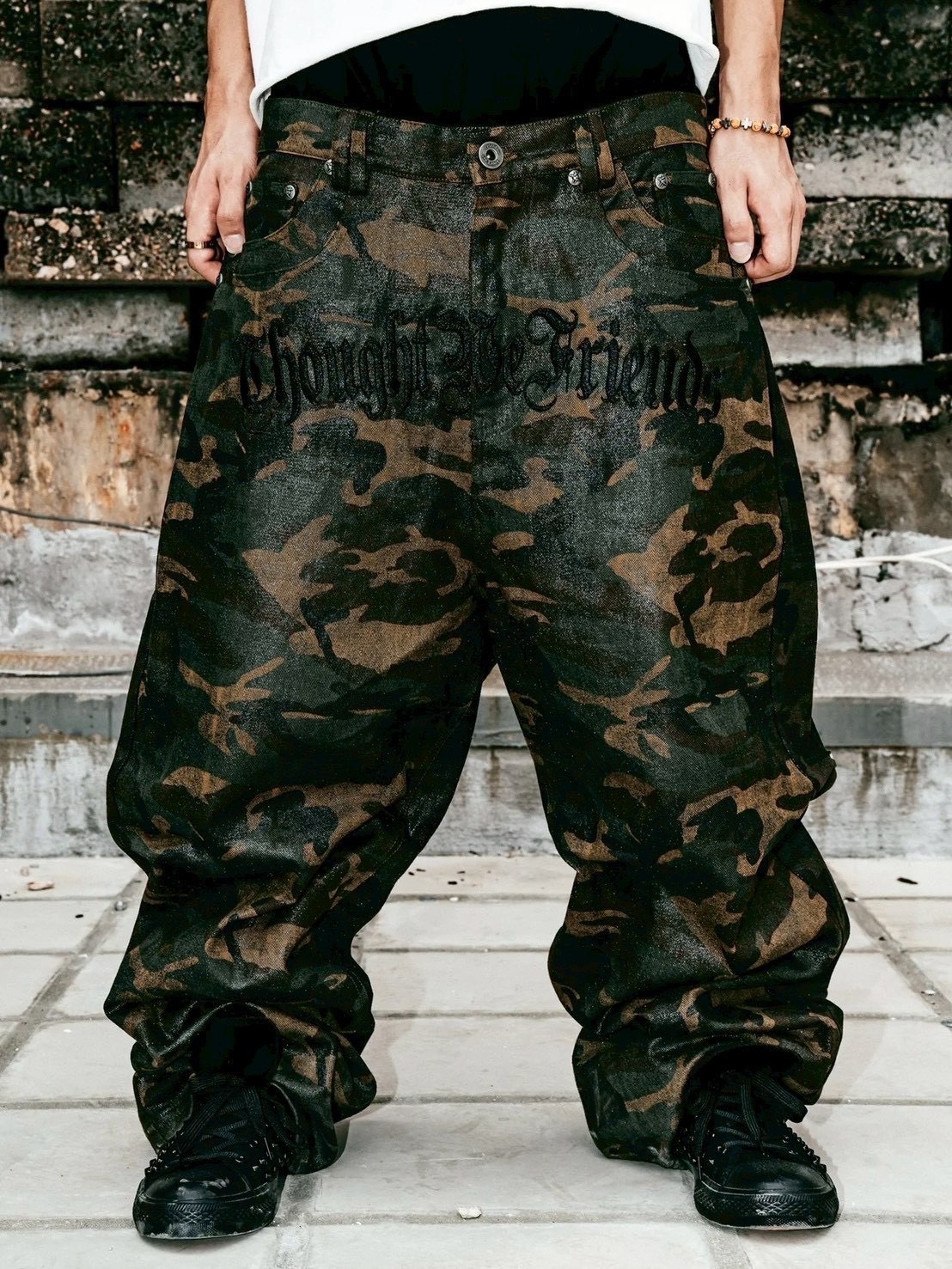【Thought We Friends】Lucius Distressed Baggy Denims with Embroidery & Studs
