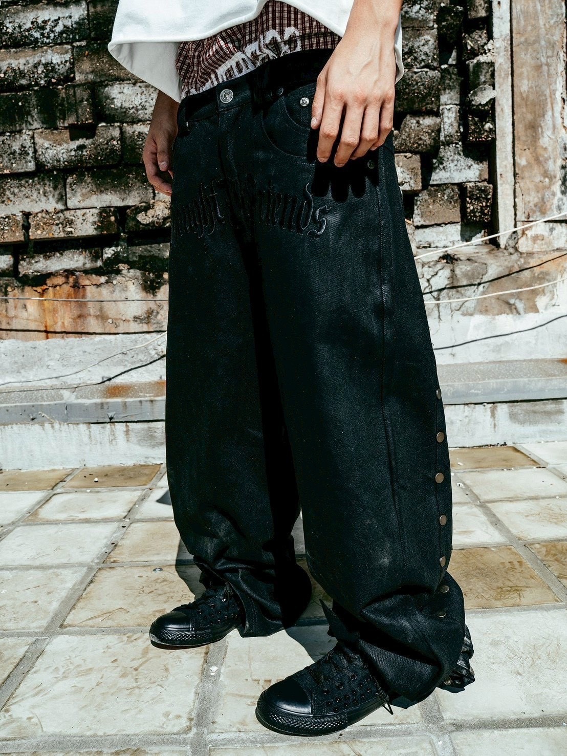 【Thought We Friends】Lucius Distressed Baggy Denims with Embroidery & Studs