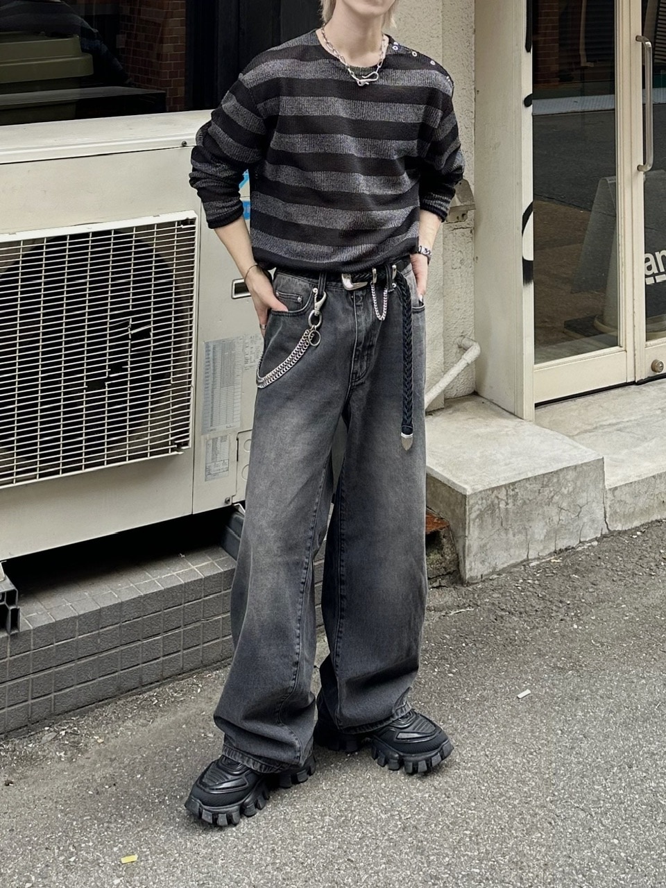 大阪店WEB限定受注制【Chikashitsu +】shoulder snap border knit