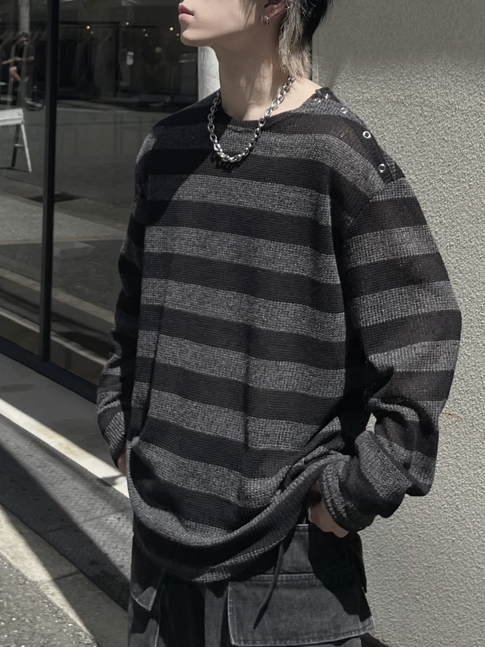 WEB限定受注制【Chikashitsu +】shoulder snap border knit (2color)