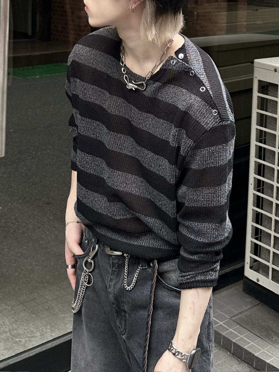 大阪店WEB限定受注制【Chikashitsu +】shoulder snap border knit