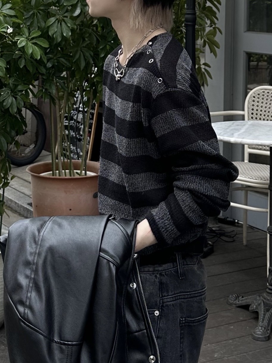 大阪店WEB限定受注制【Chikashitsu +】shoulder snap border knit