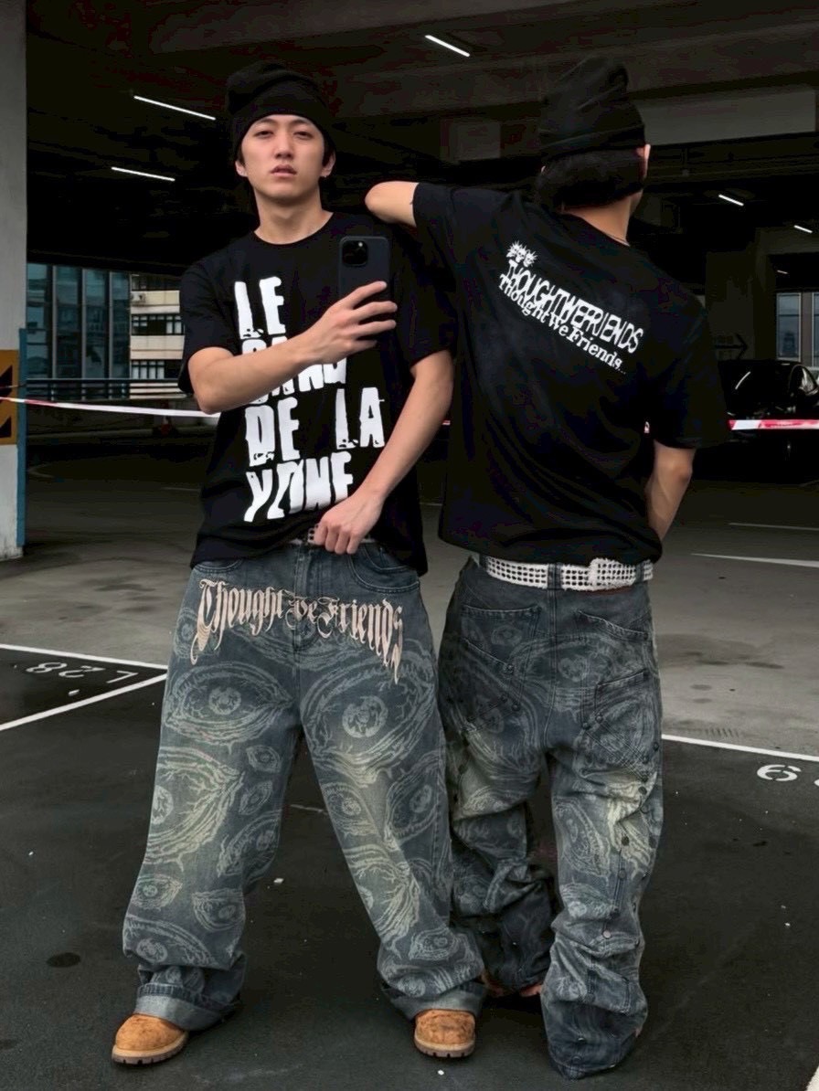 【Thought We Friends】Eyethought 2.0 Distressed Baggy Denims with Embroidery & Studs