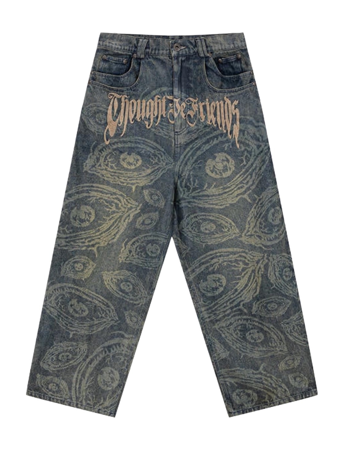 【Thought We Friends】Eyethought 2.0 Distressed Baggy Denims with Embroidery & Studs