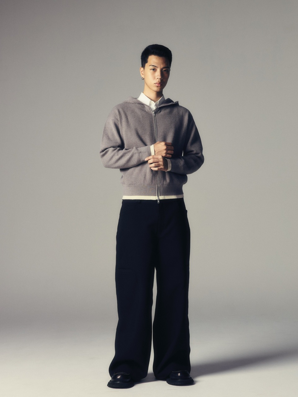 CS】layered knit zip hoodie (gray) | OUR BRAND,Chikashitsu +,CS