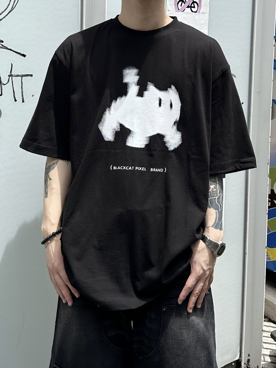 大阪店WEB限定受注制【Chikashitsu +】oversized pixel cats t-shirt