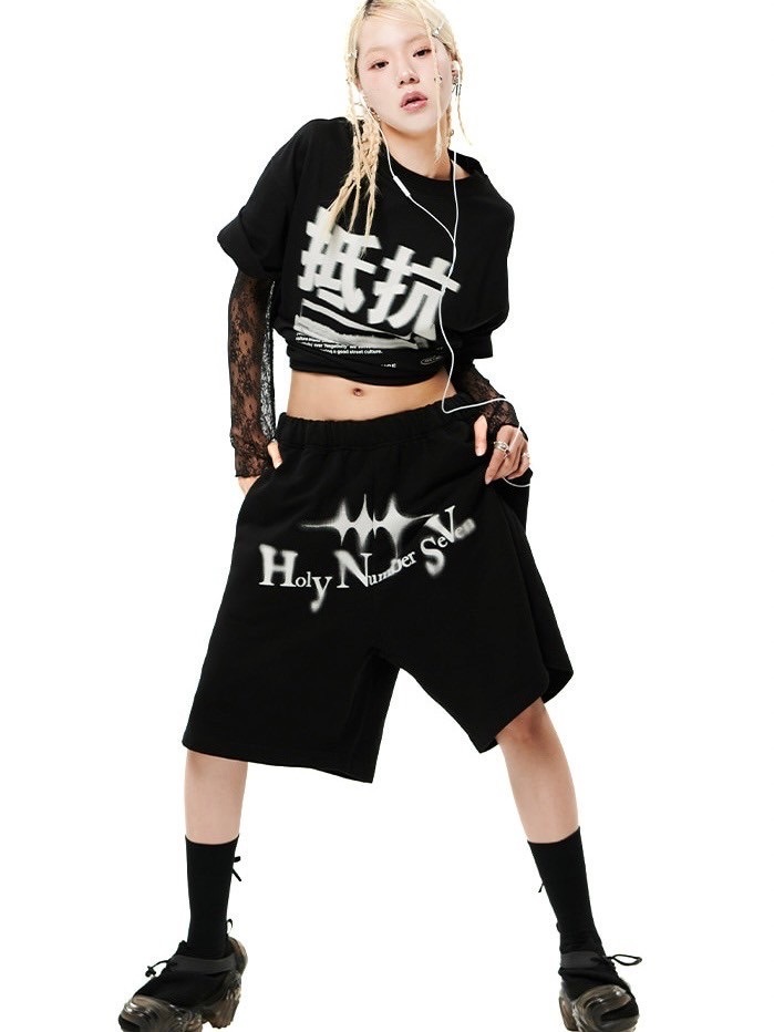 【HOLY NUMBER 7】Oversized Hip Hop WIDE fit Graphics SHORT PANTS
