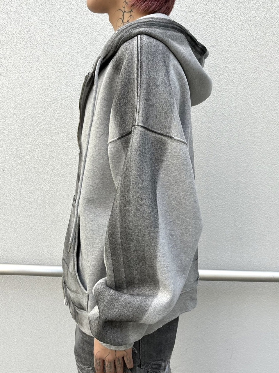 【Never mind the XU】dirty paint zip hoodie (3color) / 【ネバーマインドザエックスユー】ダーティーペイント長袖ジップアップパーカー