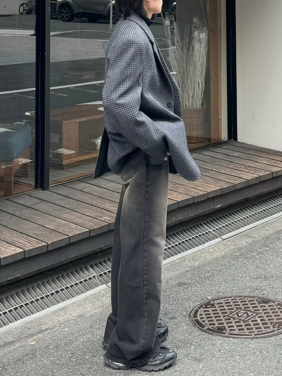 デニム・ジーパン +5cm Front Slit Bootcut Denim Pants (2color) 受注制【Chikashitsu +】vintage wash bootscut denim pants