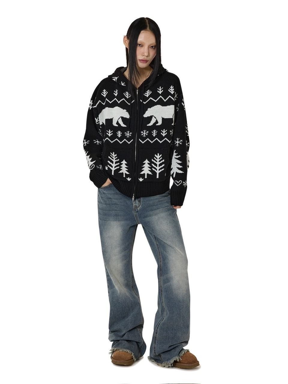 【OY】POLAR BEAR KNIT HOODIE ZIP UP