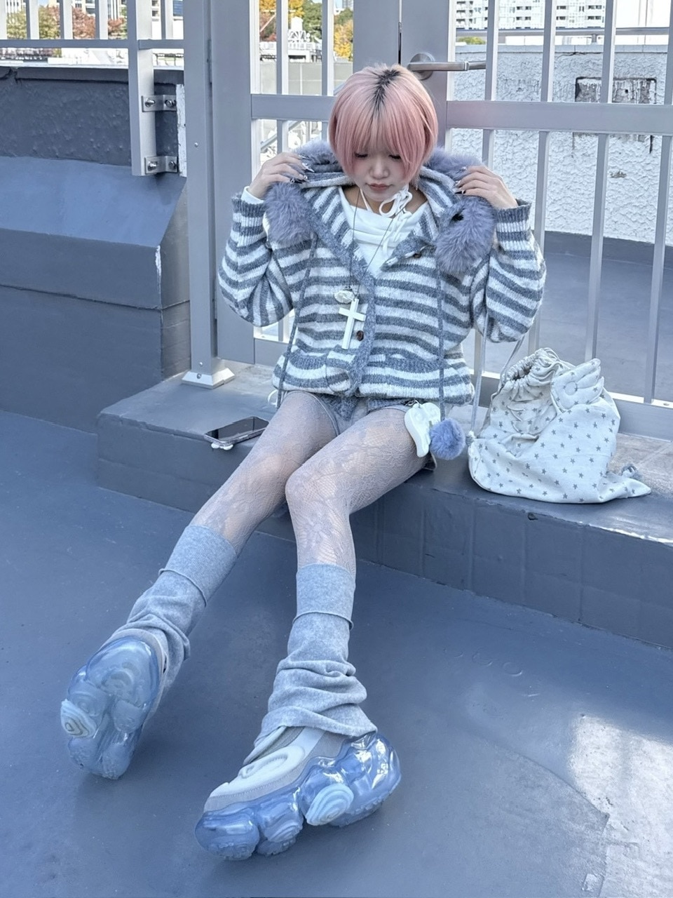 受注制【nmtc +】stripe fur hood cardigan / 【エヌエムティーシー