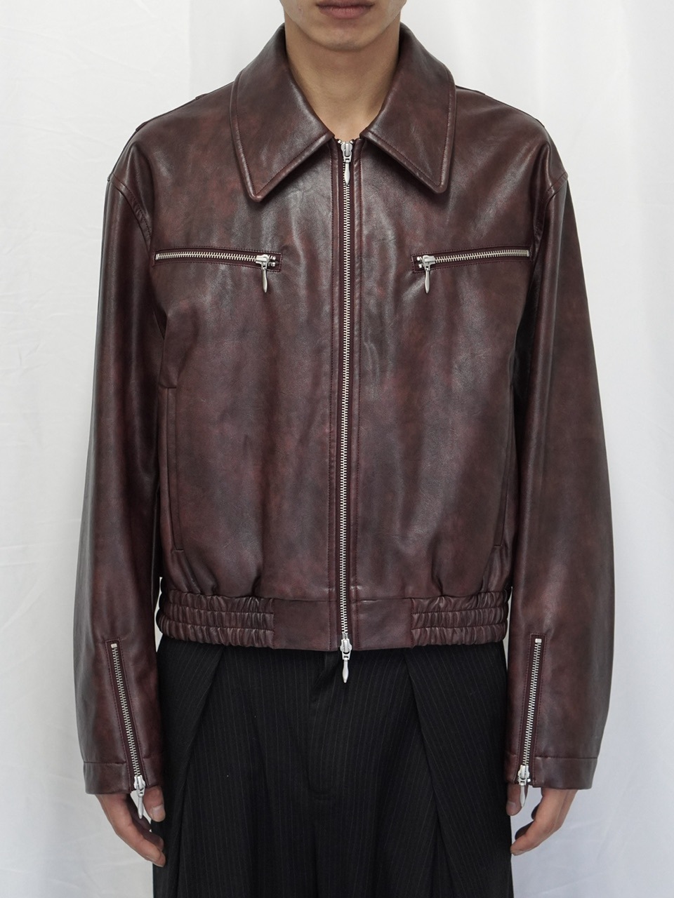 【新品未使用】LOHEN★ CUT OFF CHINO BLOUSON CS】multi zip faded wash blouson(red brown) | OUR BRAND