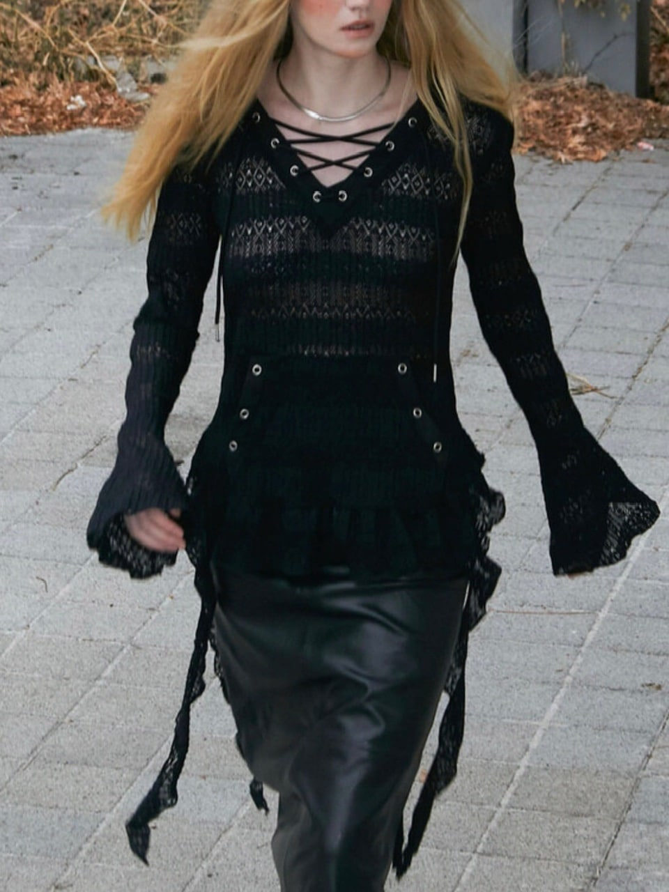 トップス NOT KNOWING Lace V Neck Ruffle Hoodie NOT KNOWING】Lace V Neck Ruffle Hoodie | OUR BRAND,NOT