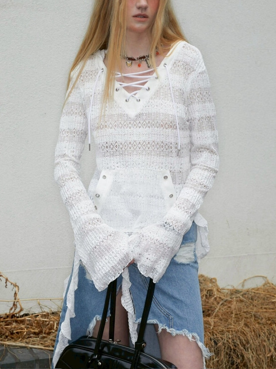 NOT KNOWING】Lace V Neck Ruffle Hoodie | OUR BRAND,NOT