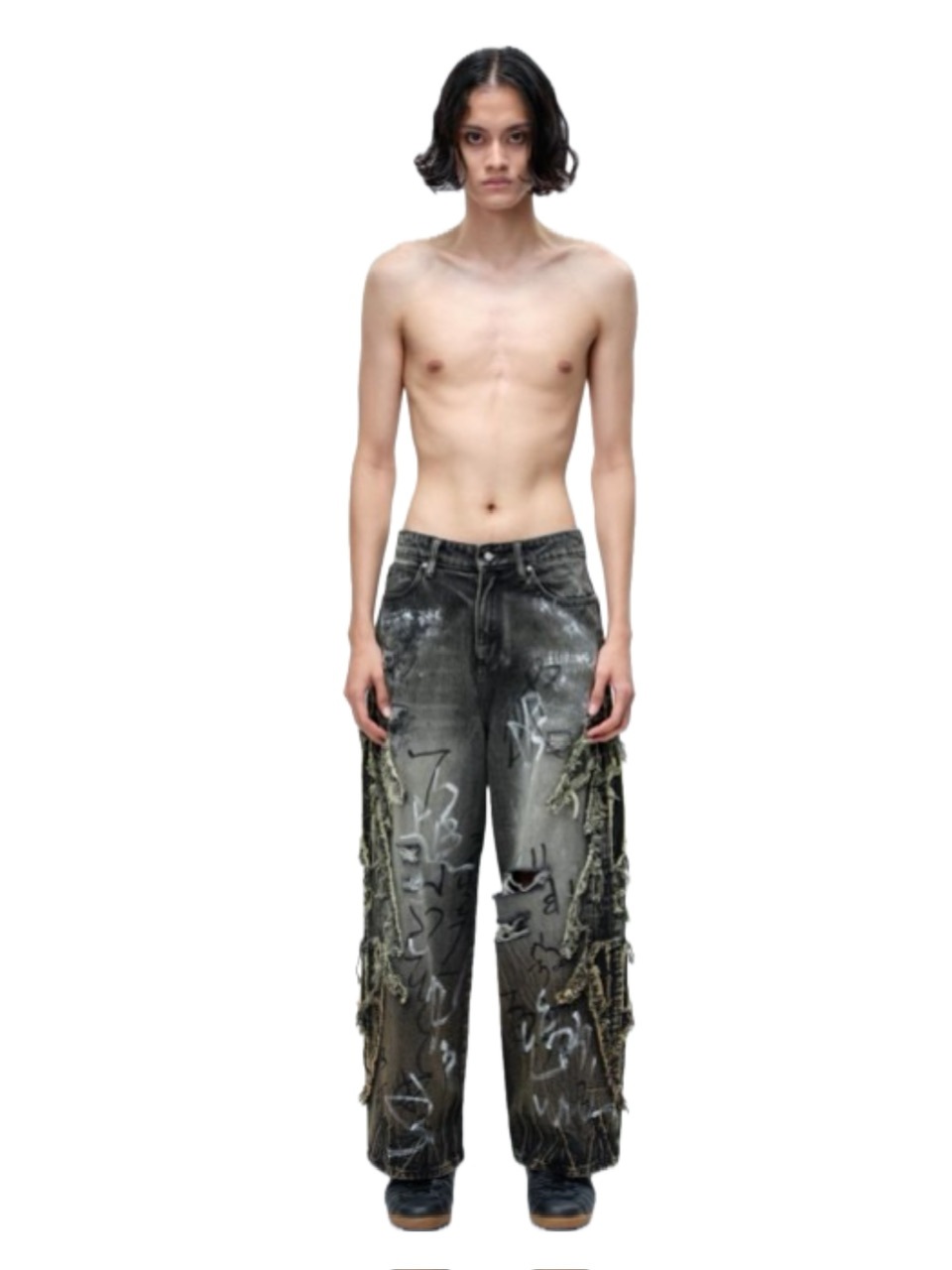 【The Boy Has No Patience】LUMINOUS DAWN GRAFFITI JEANS / 【ザボーイハズノーペーシェンス】グラフィティデザインダメージデニムパンツ