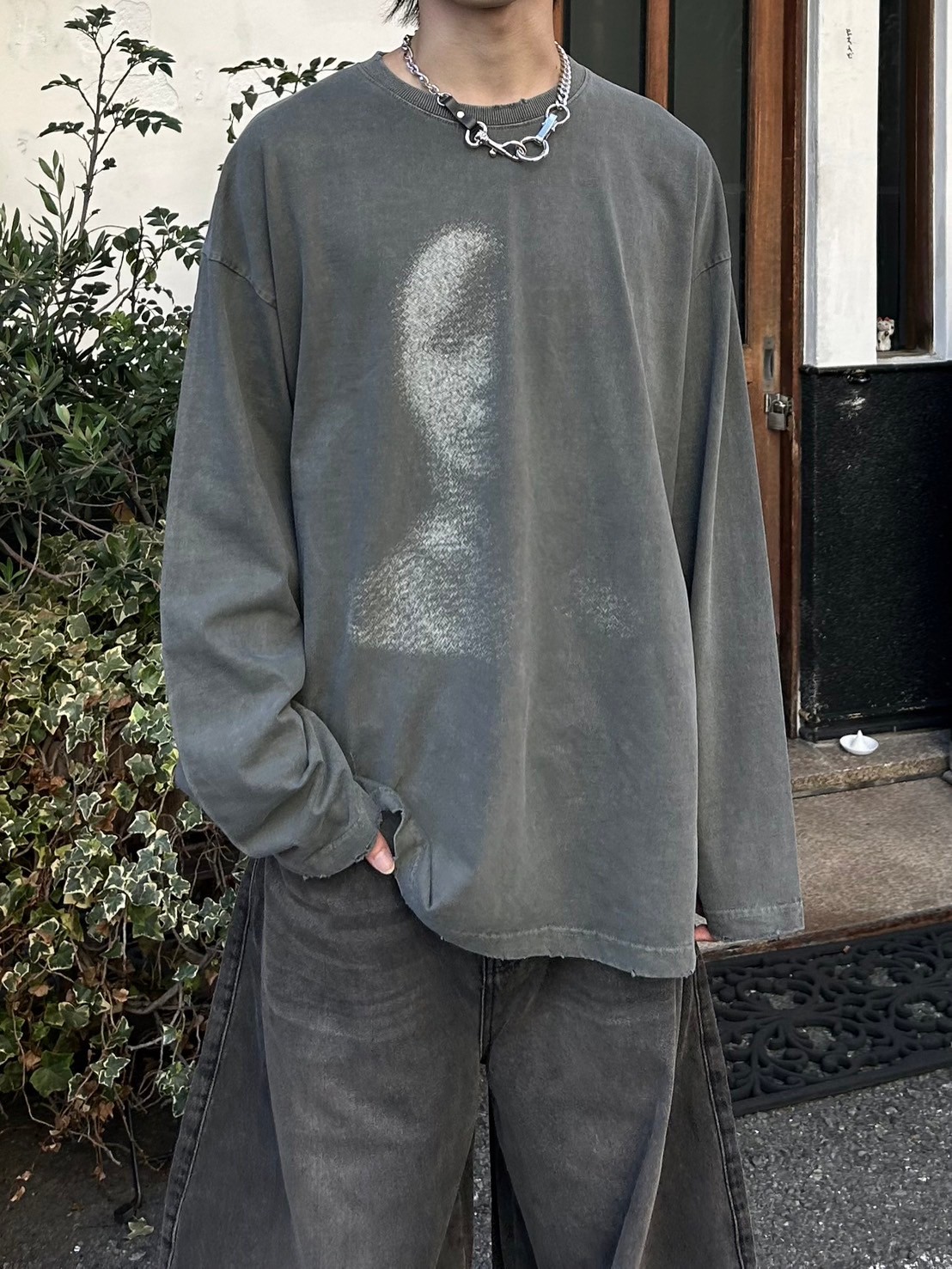 MUZE OVERSIZED GAUZE SHIRTS加工済み フリンジ Chikashitsu +】oversized shadow print damage long sleeve (2color