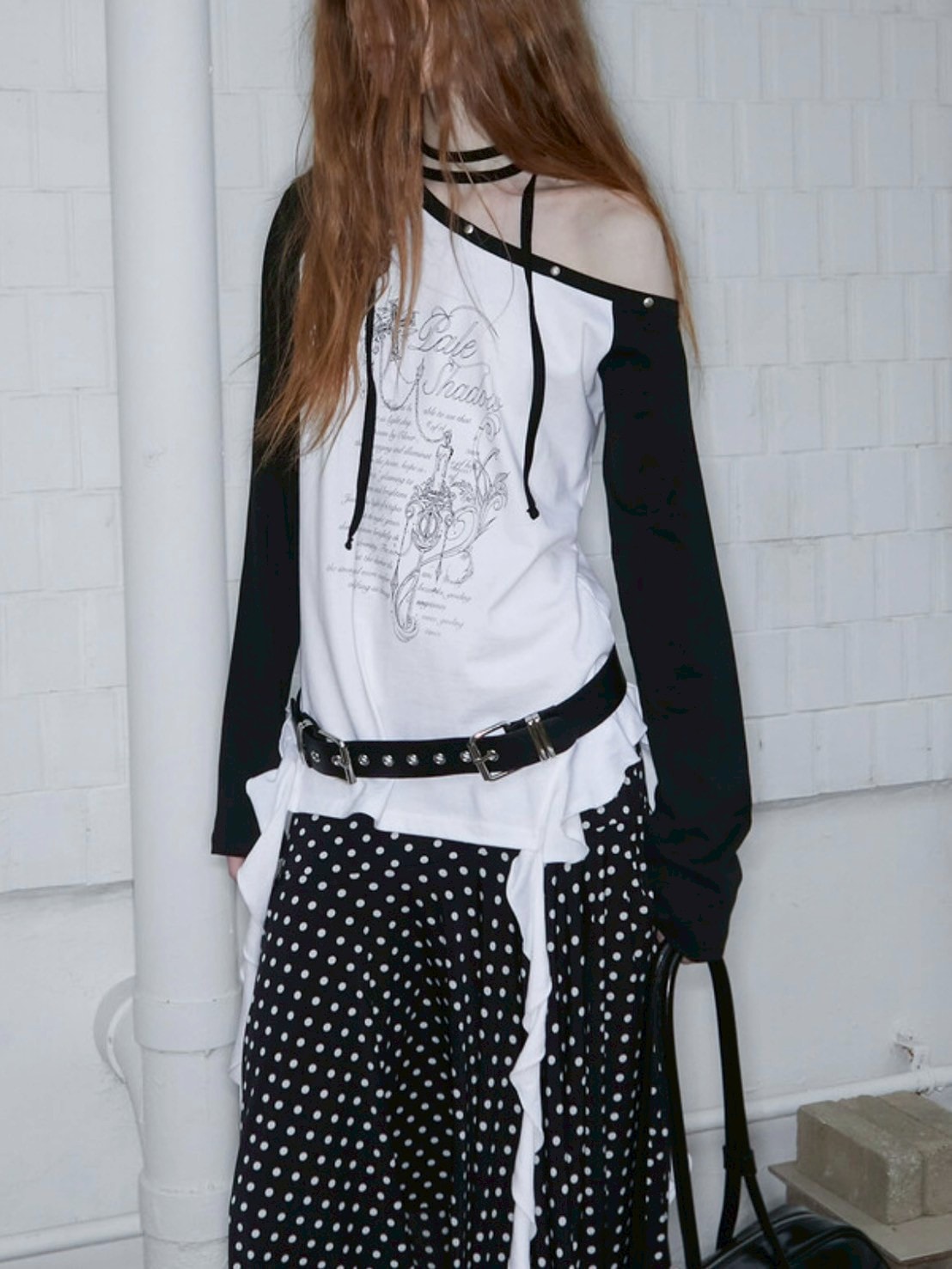 【NOT KNOWING】One Shoulder Raglan Ruffle Top / 【ノットノーイング】ワンショルダーラグランラッフル長袖Ｔシャツ