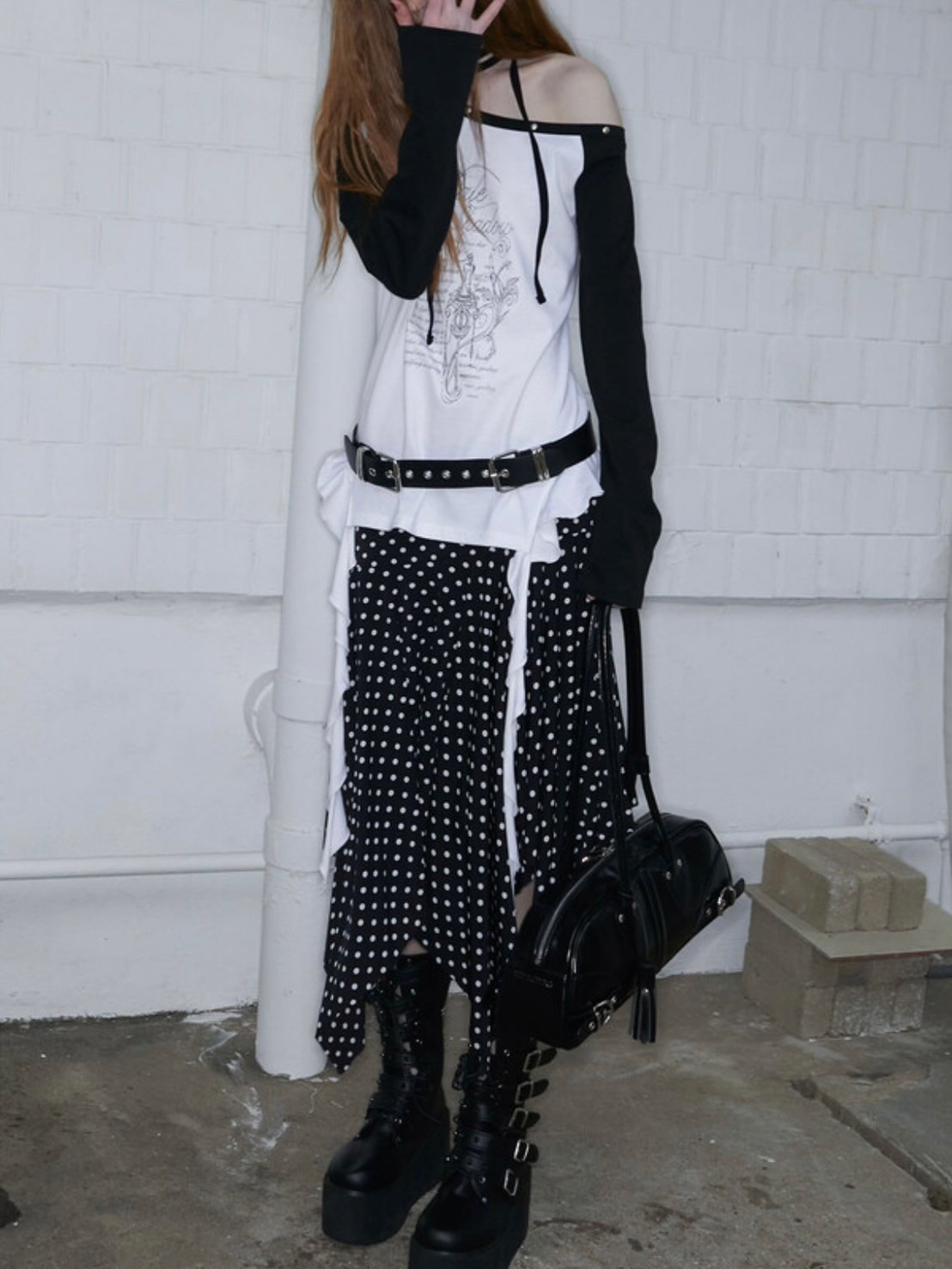 【NOT KNOWING】One Shoulder Raglan Ruffle Top / 【ノットノーイング】ワンショルダーラグランラッフル長袖Ｔシャツ