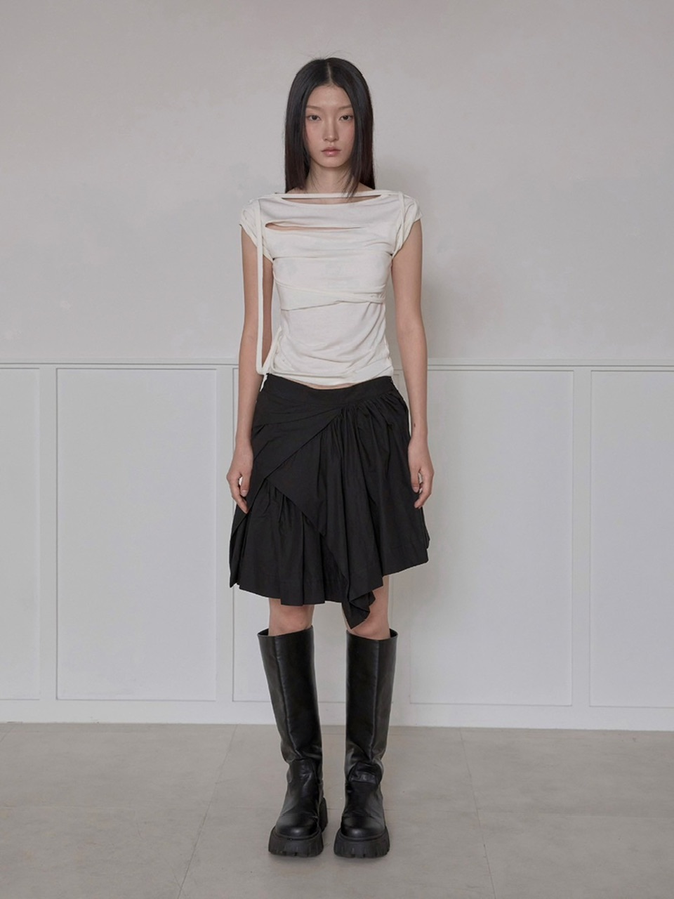 韓国発!【FLARE UP】Asymmetrical Draped Layered Skirt FLAREUP】Asymmetrical Draped Layered Skirt | OUR BRAND