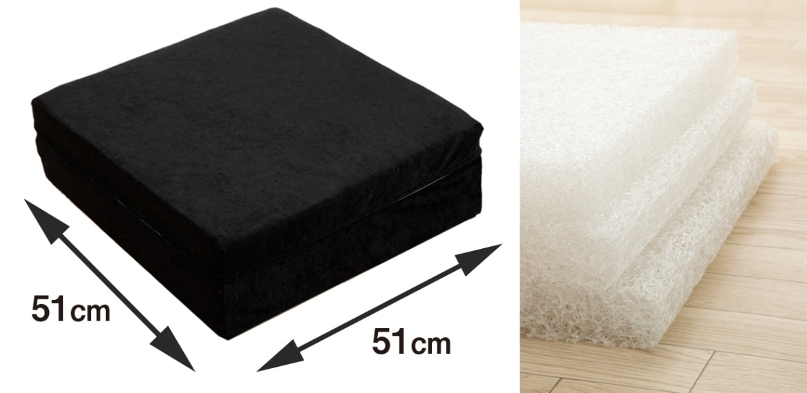 トランポリンサイズ：51×51×17㎝<br>

ごろ寝用展開サイズ：153×51×5㎝<br>

重さ：3,8㎏<br>

組成<br>

中材：ポリエチレン100%（プリマレックス）<br>

表面カバー：ポリエステル100%（ベロア）<br>

中カバー：ポリエステル100%（ダブルラッセル）<br>

中材に使用してるプリマレックスは簡単にシャワーで水洗い

ができ、素早く乾くのでいつも清潔！<br>

カバーは洗濯機で洗えます。<br>

ほこりや汗が気になる方にもおすすめです。