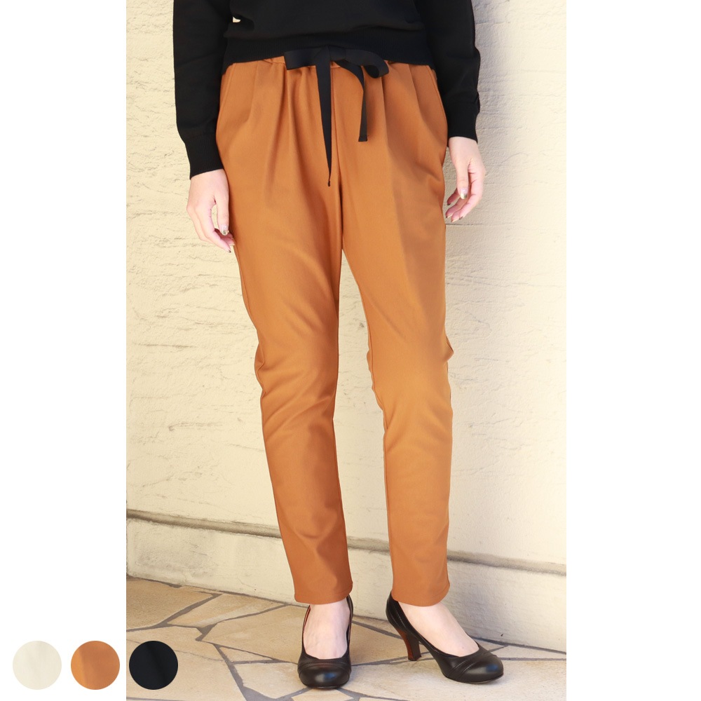 trois トロア 裏起毛 ウエストリボン ゴム ハイテンション ストレッチ テーパード タックパンツ 秋 冬 20代 30代 40代 50代 ( t206-87025 )