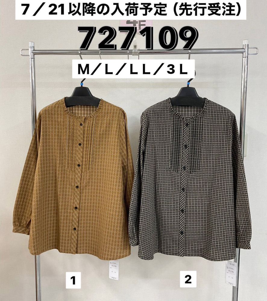 P000  【7/21～以降入荷予定】フリル衿バンドカラーチェックシャツ（48-727109）