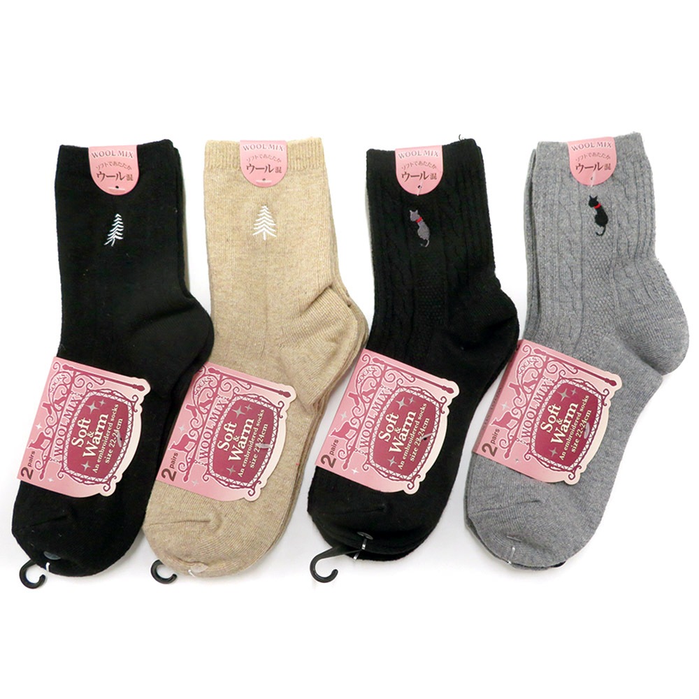 P000 H62716080 婦人毛混刺繍ショートクルー２足組ソックス 10入 