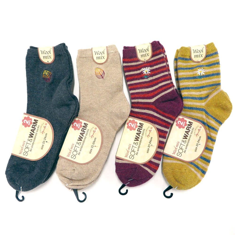 P000 H62716081 婦人毛混刺繍ショートクルー２足組ソックス 10入 