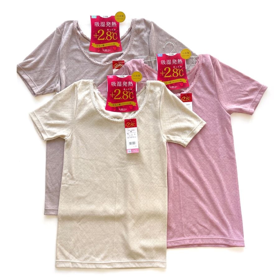 P000  【吸湿発熱+2.8℃】袋編み 3分袖インナー 肌着（07-A109SR）