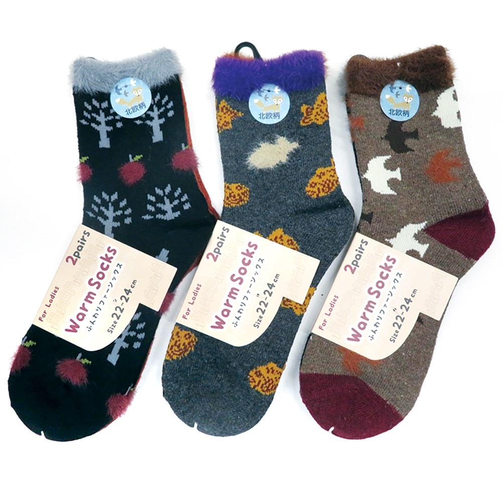 P001 DM-26165 婦人毛混部分ファー柄２足組ソックス　北欧柄 ×30入