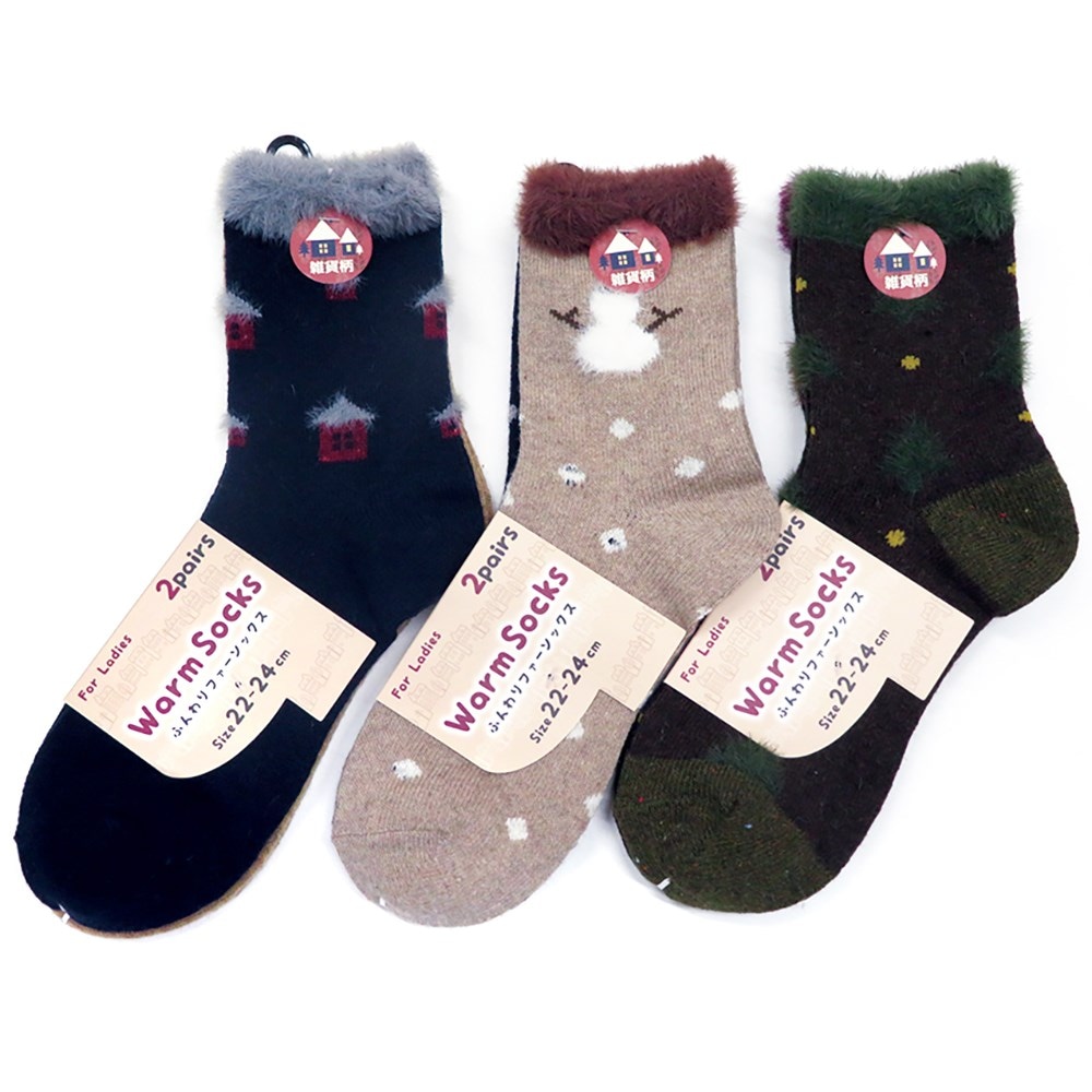 P001 DM-26166 婦人毛混部分ファー柄２足組ソックス　雑貨柄 ×30入