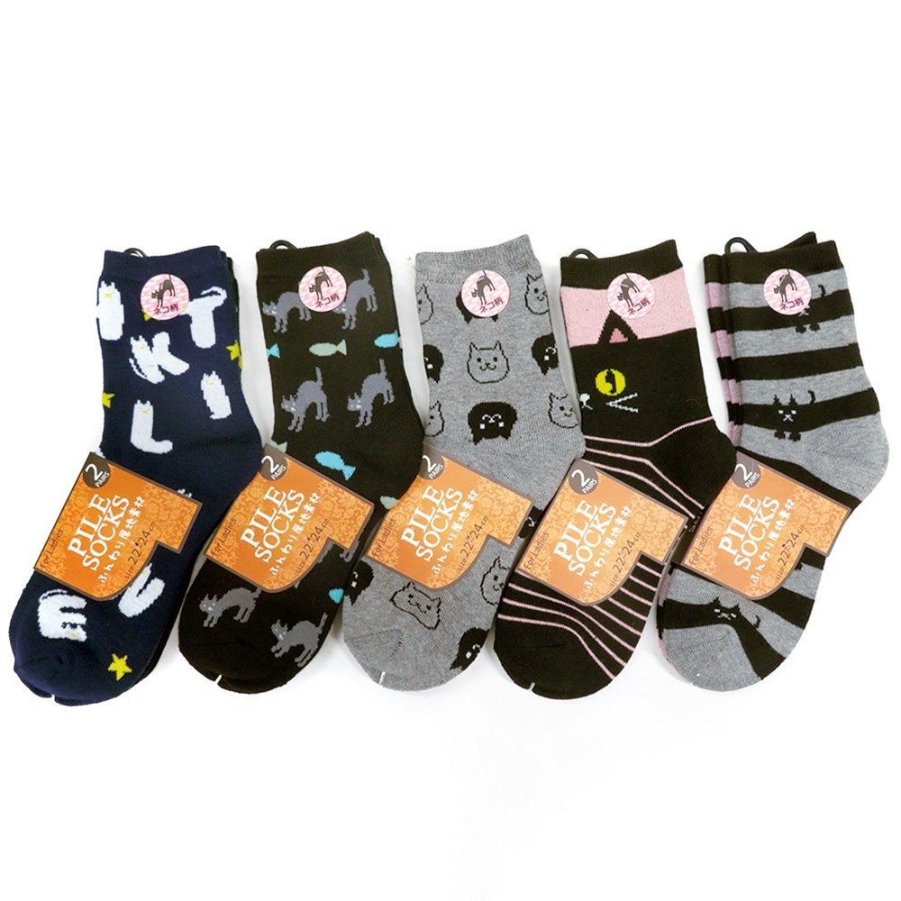 P001 DM-26169 婦人柄パイル２足組ソックス　ねこ柄 ×30入