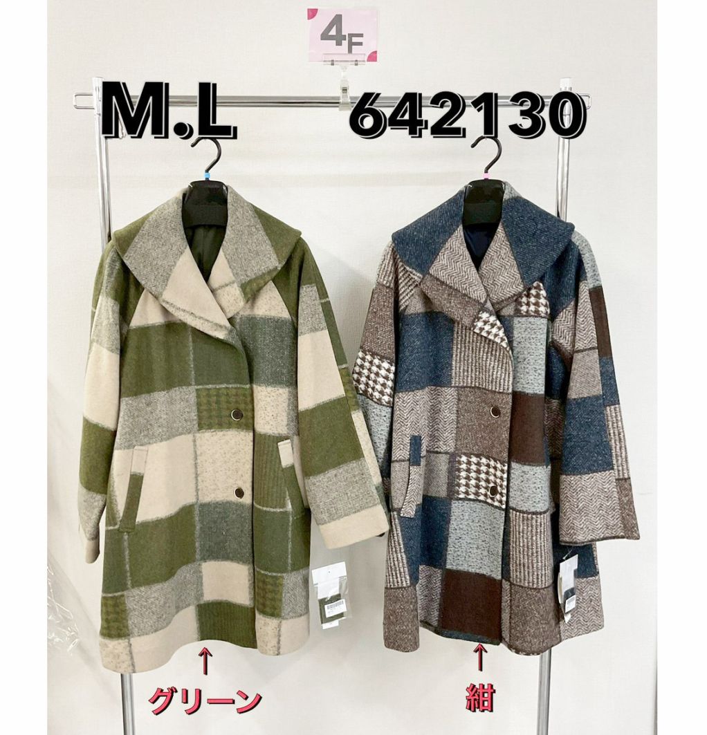 P000  【値下げ】パッチワーク風チェック柄 Aラインコート（48-642130）