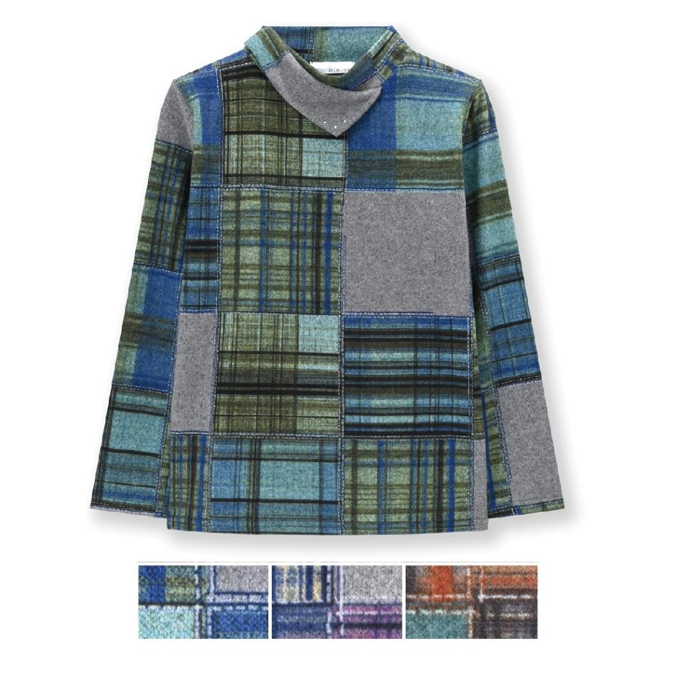 P000 T-5022【11/20まで5％OFF】表起毛パッチワークプリント三角衿タートルハピス付きTシャツ 3枚組