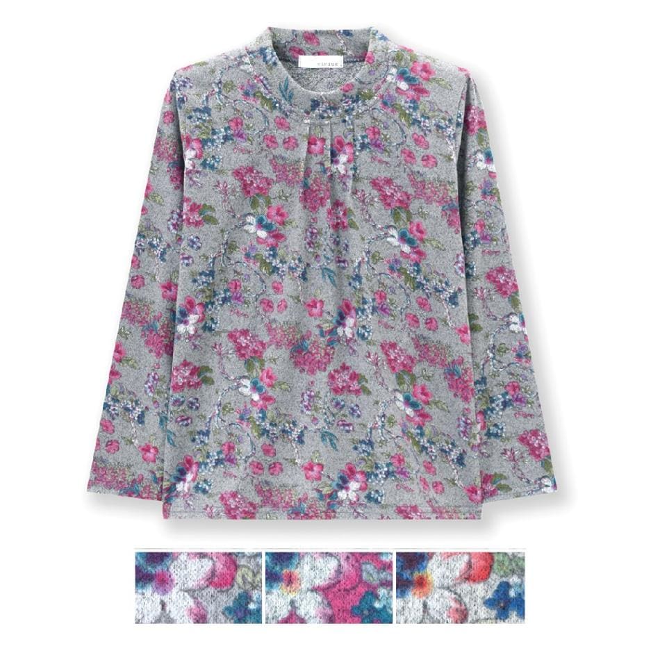 P000 T-5023【11/20まで5％OFF】表起毛花プリント３本縦ピンタックハピス付きTシャツ 3枚組