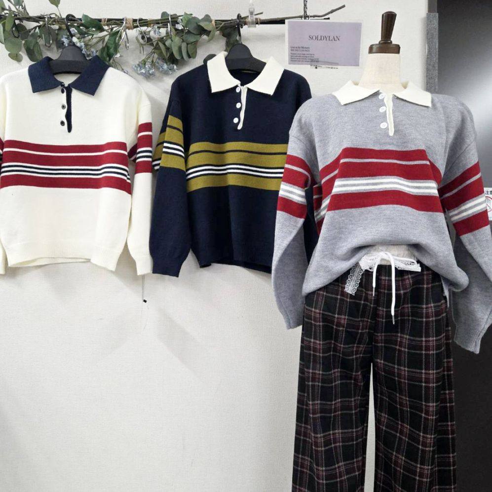 P000【SOLDYLAN】ラガーシャツ風 襟付き半開ニット（F2KA-A20336）